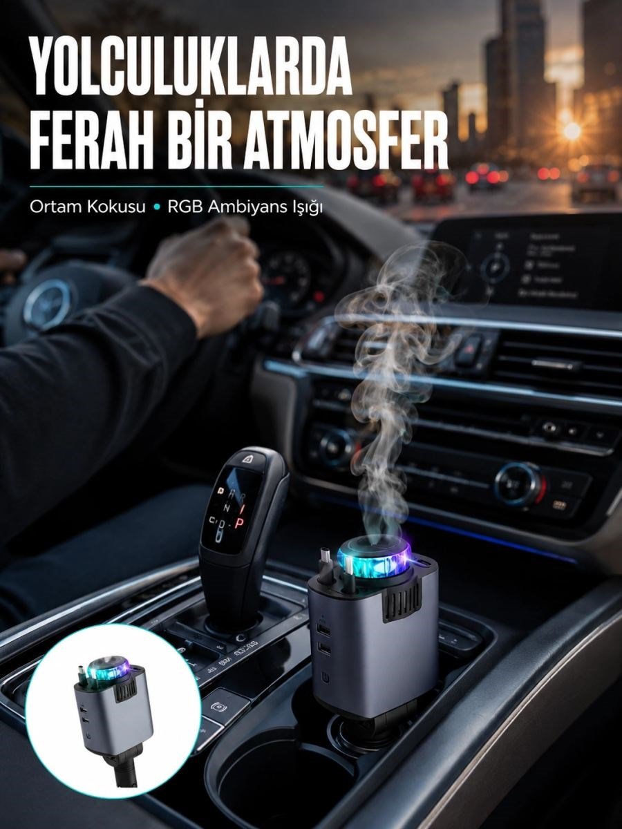 Araç İçi Çok Fonksiyonlu Şarj Cihazı Hava Nemlendirici Aroma Ve Yıldız Işık Yeni Nesil