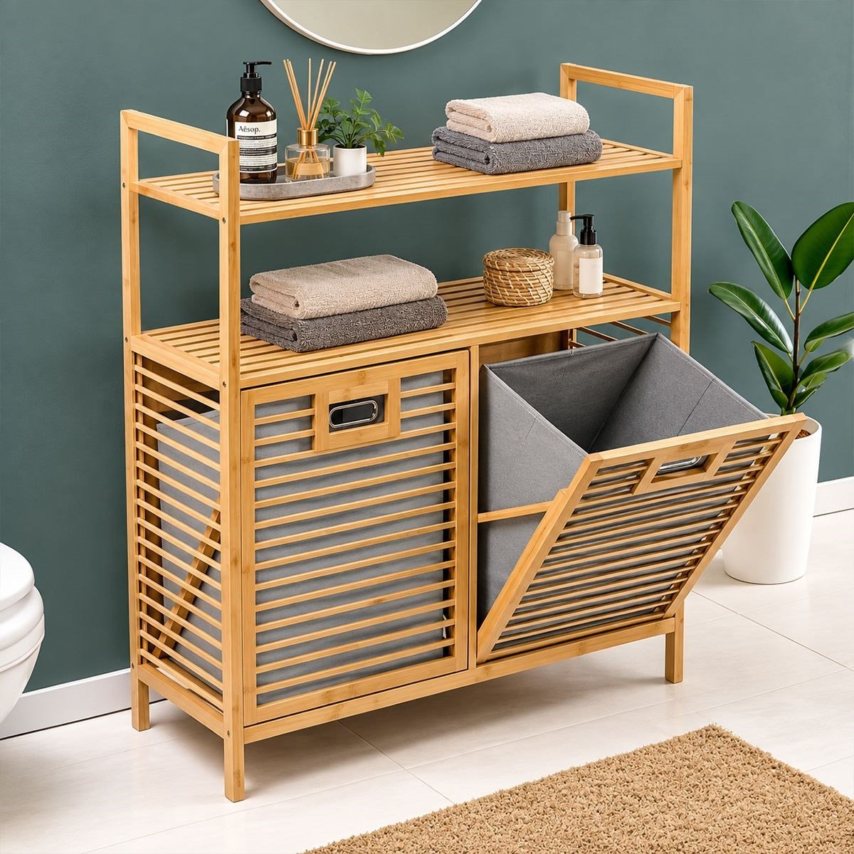 Bambu Kirli Çamaşır Sepeti 2 Bölmeli 2 Kat Organizer 80x33x87 cm