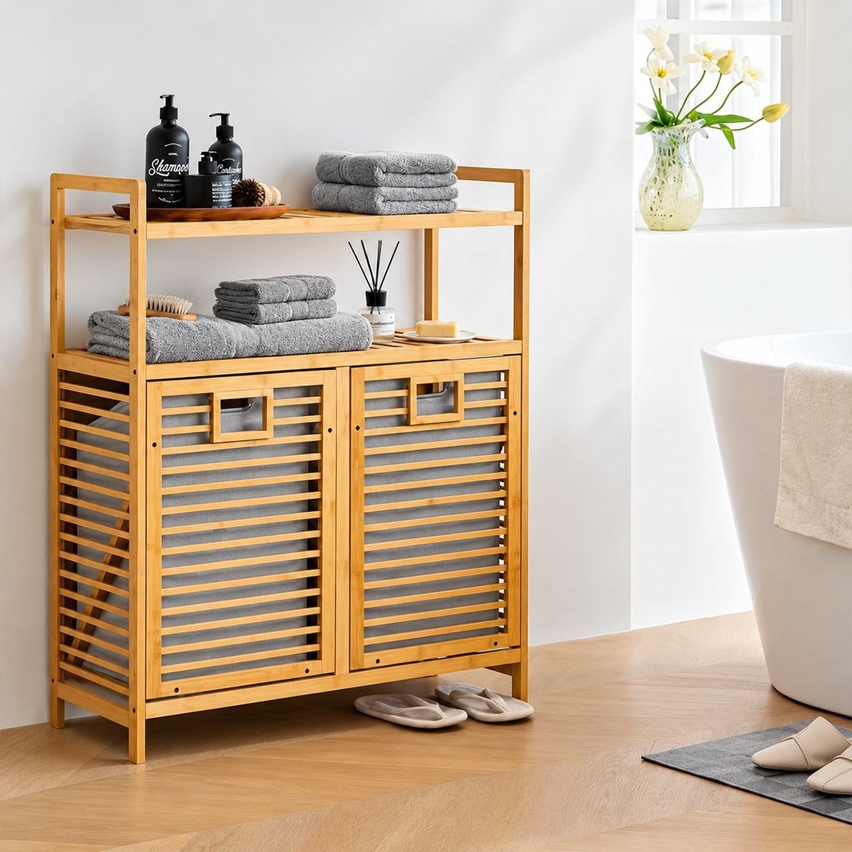 Bambu Kirli Çamaşır Sepeti 2 Bölmeli 2 Kat Organizer 80x33x87 cm