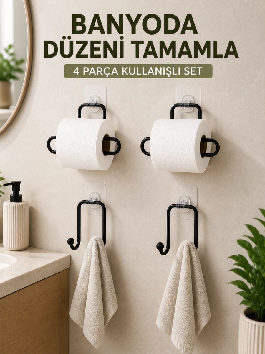 Banyo Ve Mutfak İçin 4 Parça Set 2 Adet Kağıtlık 2 Adet Havlu Askısı