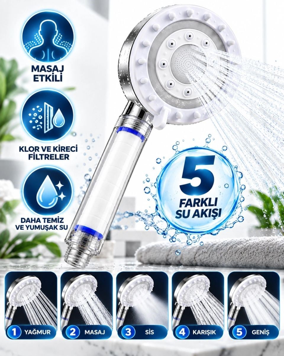 Beyaz Filtreli Duş Başlığı 5 Farklı Su Akışı Masaj Etkili Klor Ve Kireç Filtreleme