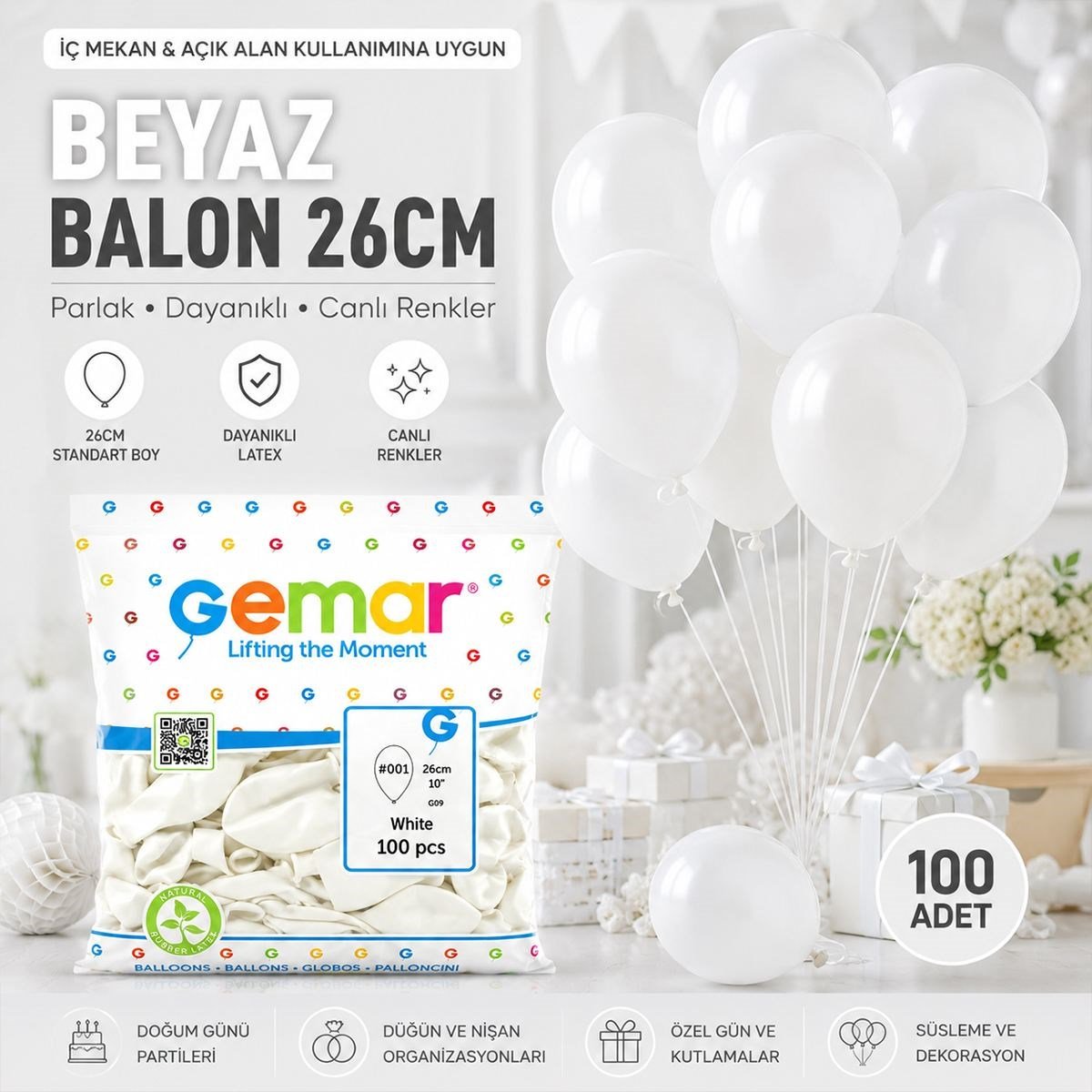 Beyaz İç Mekan Lateks Balon 10'' (26 cm) - 100'lü Paket