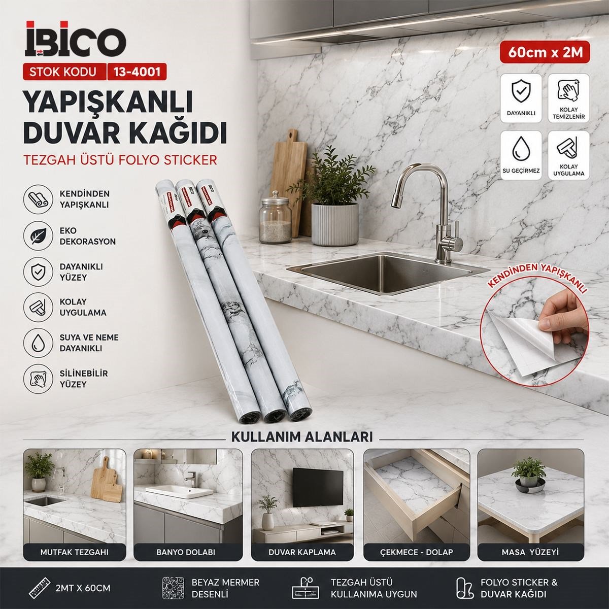 Beyaz Mermer Desenli Kendinden Yapışkanlı Folyo 2m x 60cm