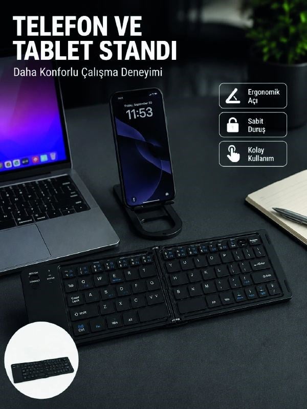 Bluetooth Katlanabilir Klavye Usb-c Şarjlı 3 Cihaz Bağlantılı Taşınabilir Klavye