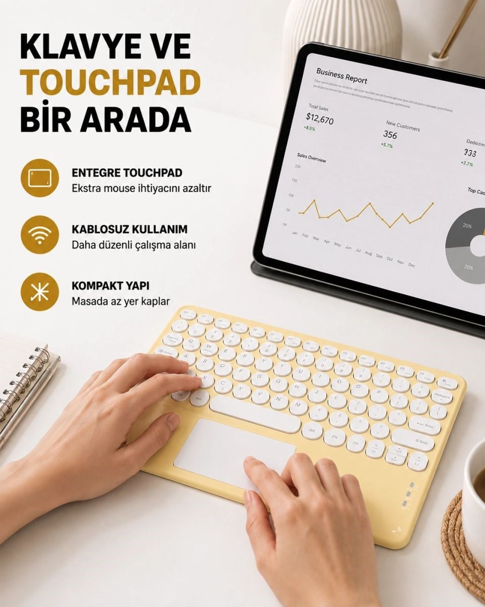 Bluetooth Klavye – Kablosuz, Sessiz Tuşlu, Android İos Windows Uyumlu, Kompakt Taşınabilir Tasarım