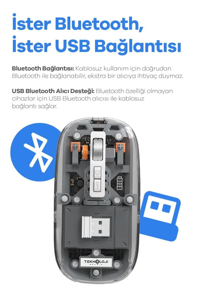 Bluetooth Usb Çift Modlu Sessiz Mouse, Şeffaf Mıknatıslı Kapaklı, Type-c Şarjlı, Dpı Ayarlı, Kablosuz 10m Çekim Mesafeli, Masaüstü Kısayol Tuşlu, Taşınabilir Şarjlı Mouse Turuncu