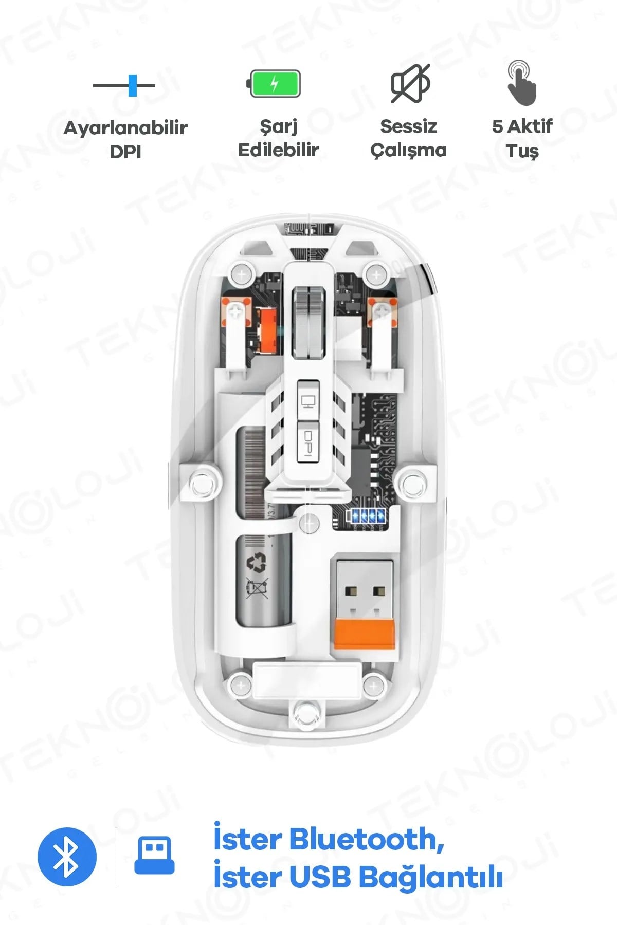 Bluetooth USB Çift Modlu Sessiz Mouse, Şeffaf Mıknatıslı Kapaklı, Type-C Şarjlı, DPI Ayarlı, Kablosuz 10m Çekim Mesafeli, Masaüstü Kısayol Tuşlu, Taşınabilir Şarjlı Mouse Beyaz