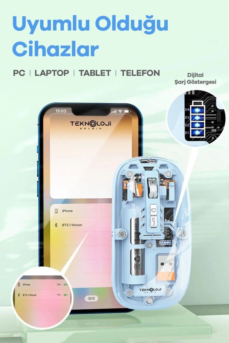 Bluetooth Usb Çift Modlu Sessiz Mouse, Şeffaf Mıknatıslı Kapaklı, Type-c Şarjlı, Dpı Ayarlı, Kablosuz 10m Çekim Mesafeli, Masaüstü Kısayol Tuşlu, Taşınabilir Şarjlı Mouse Siyah