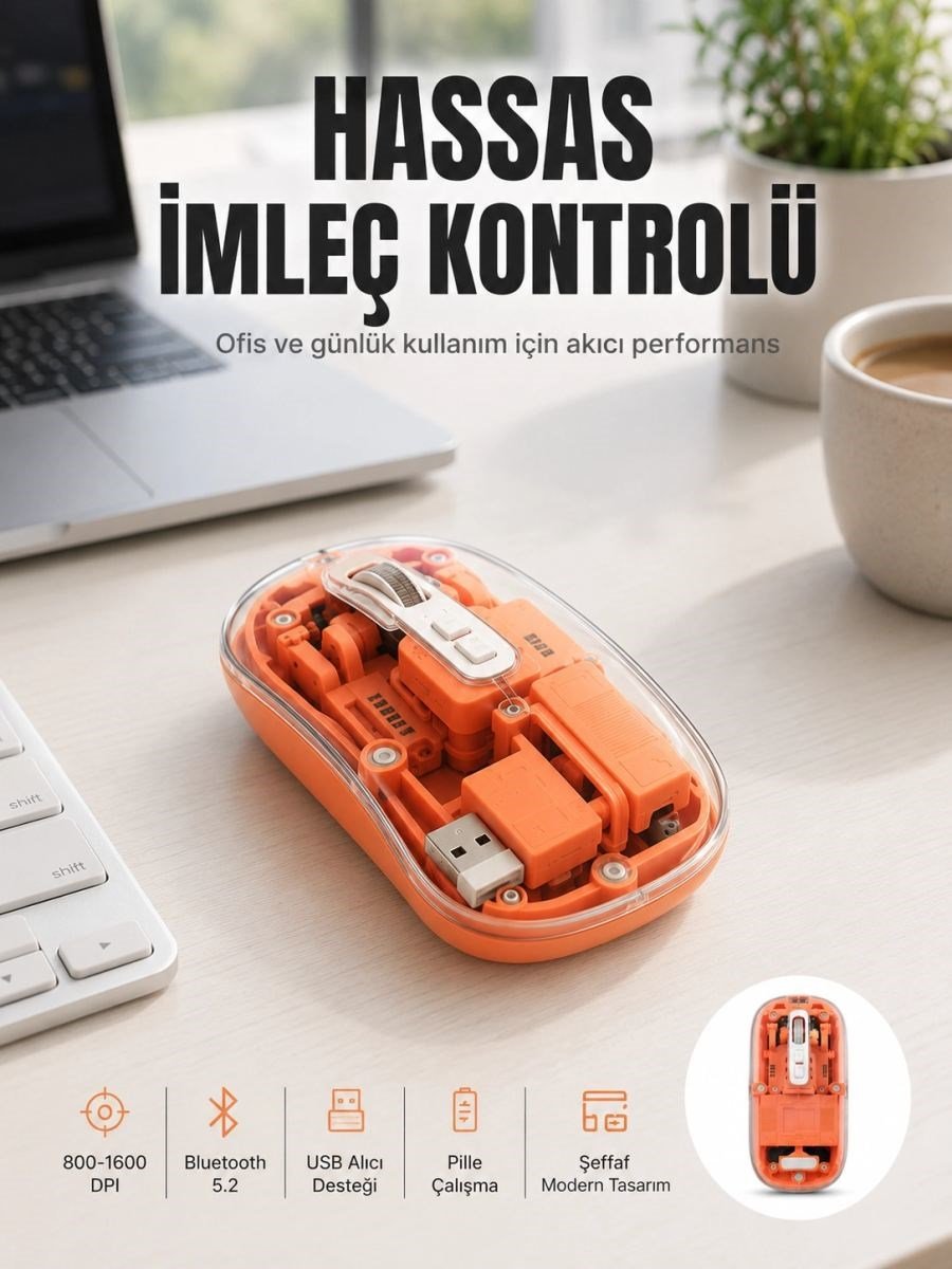 Bluetooth Ve Usb Destekli Kablosuz Şeffaf Mouse Sessiz Kullanım Yeni Nesil