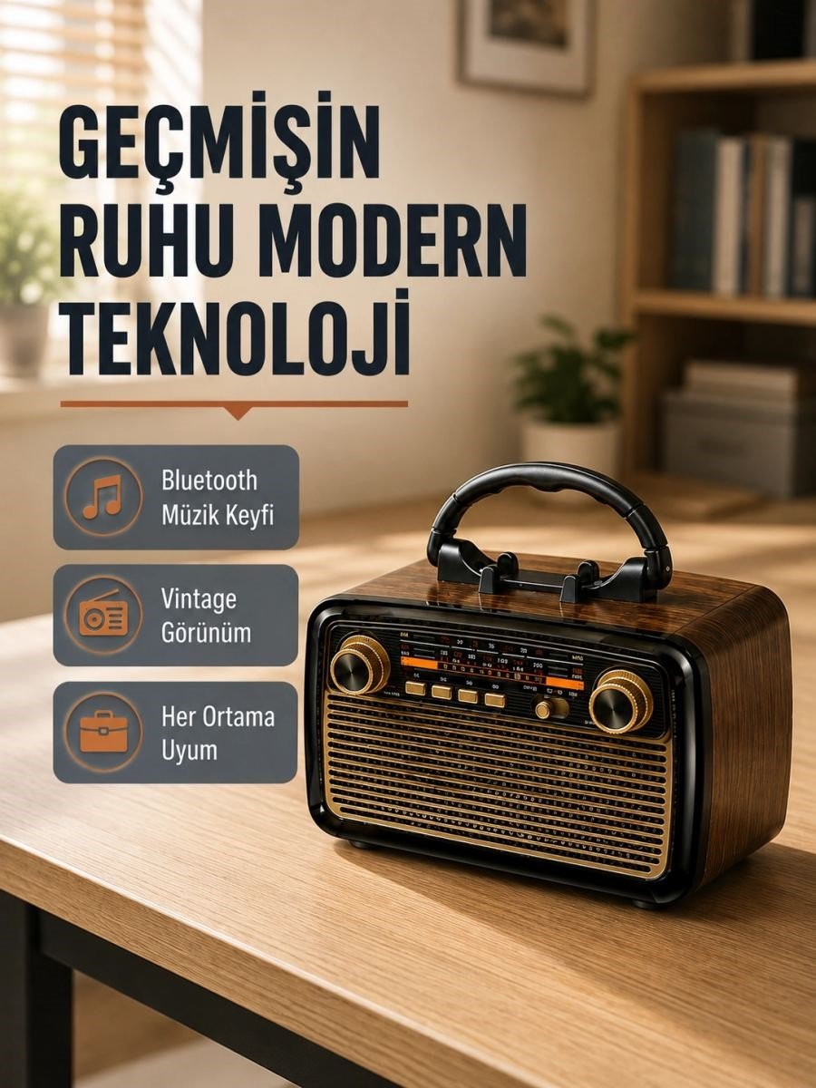 Bluetooth’lu Led Işıklı Nostaljik Müzik Kutusu – Ahşap Dokulu, Vintage Tasarım Ve Yüksek Ses Kalitesi