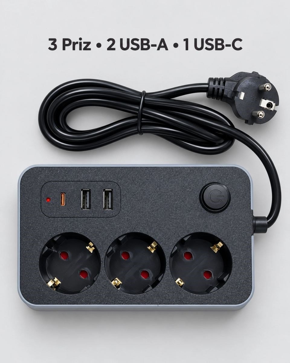 Çalışma Alanlarına Uygun Anahtarlı Usb Ve Type C Şarj Çıkışlı Kablolu Çoklu Priz