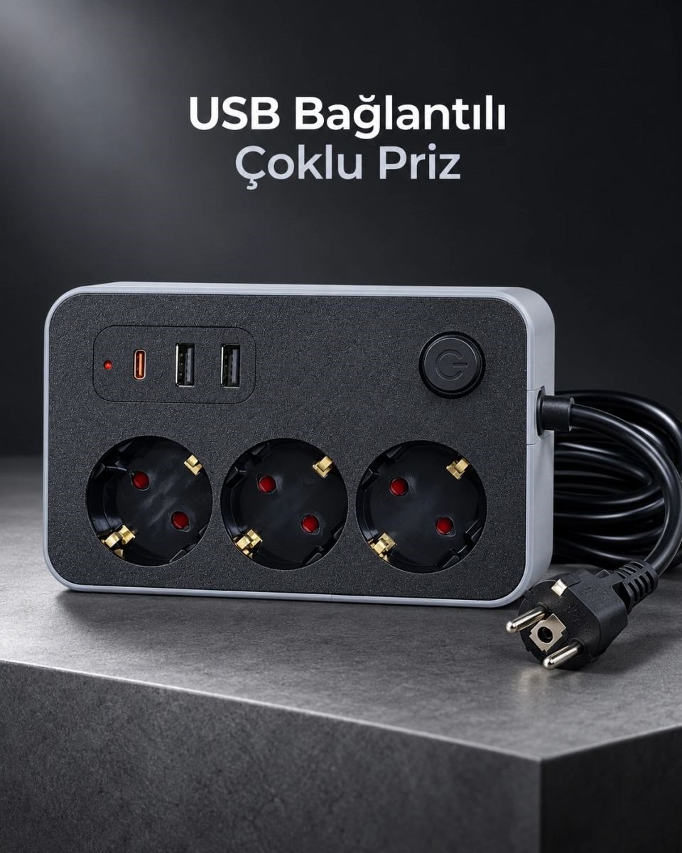 Çalışma Alanlarına Uygun Anahtarlı Usb Ve Type C Şarj Çıkışlı Kablolu Çoklu Priz
