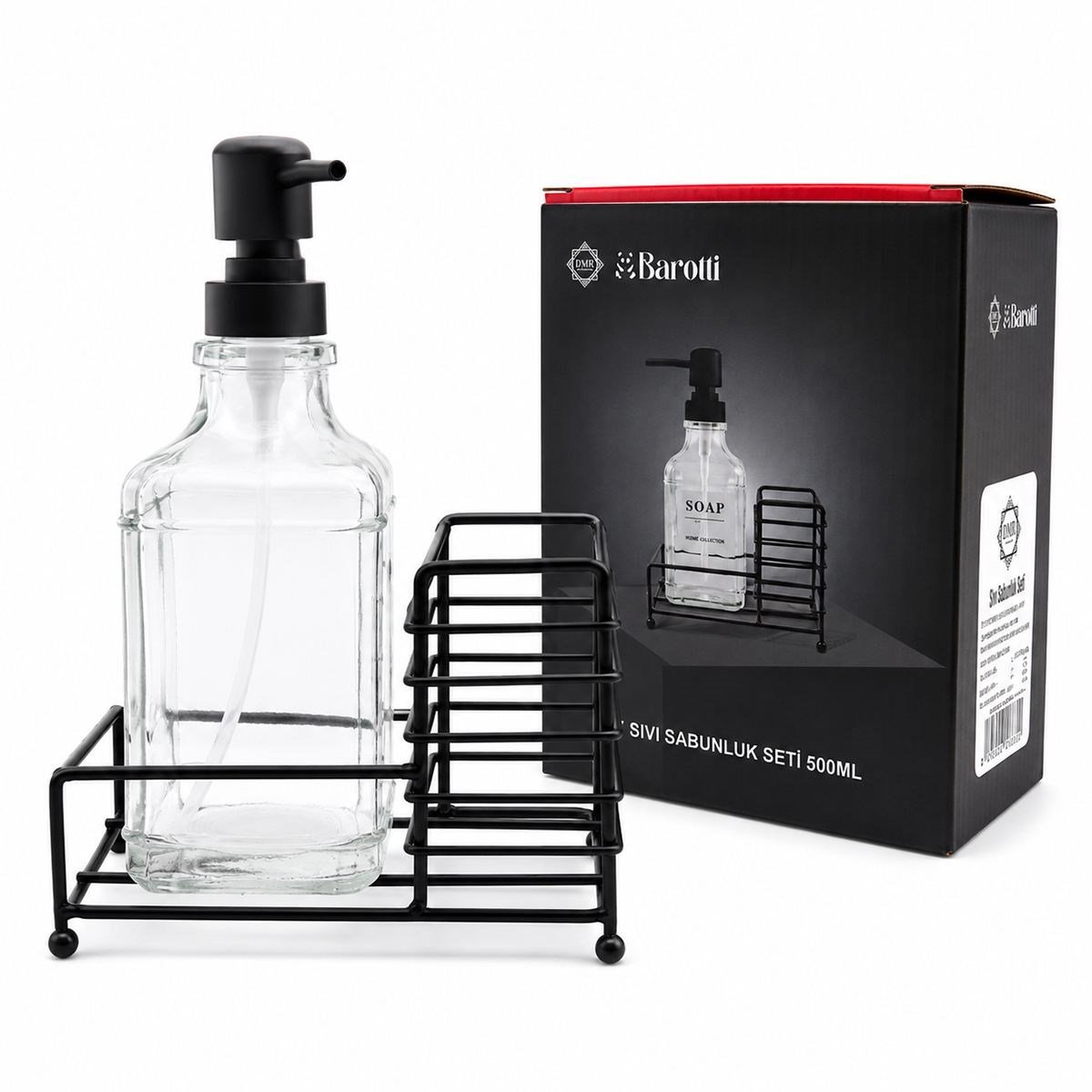 Cam Sıvı Sabunluk 500 ml Siyah Metal Stand ve Pompa