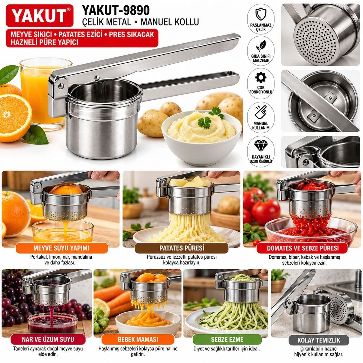 Çelik Manuel Pres Meyve Sıkacağı ve Patates Ezici