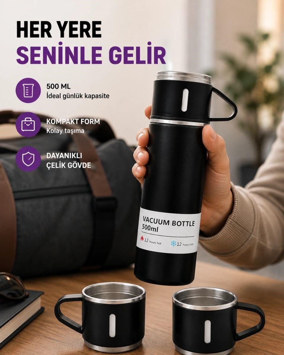 Çelik Termos Bardak Seti | 500 Ml Kapasite, Kaymaz Taban, Hediye Kutulu