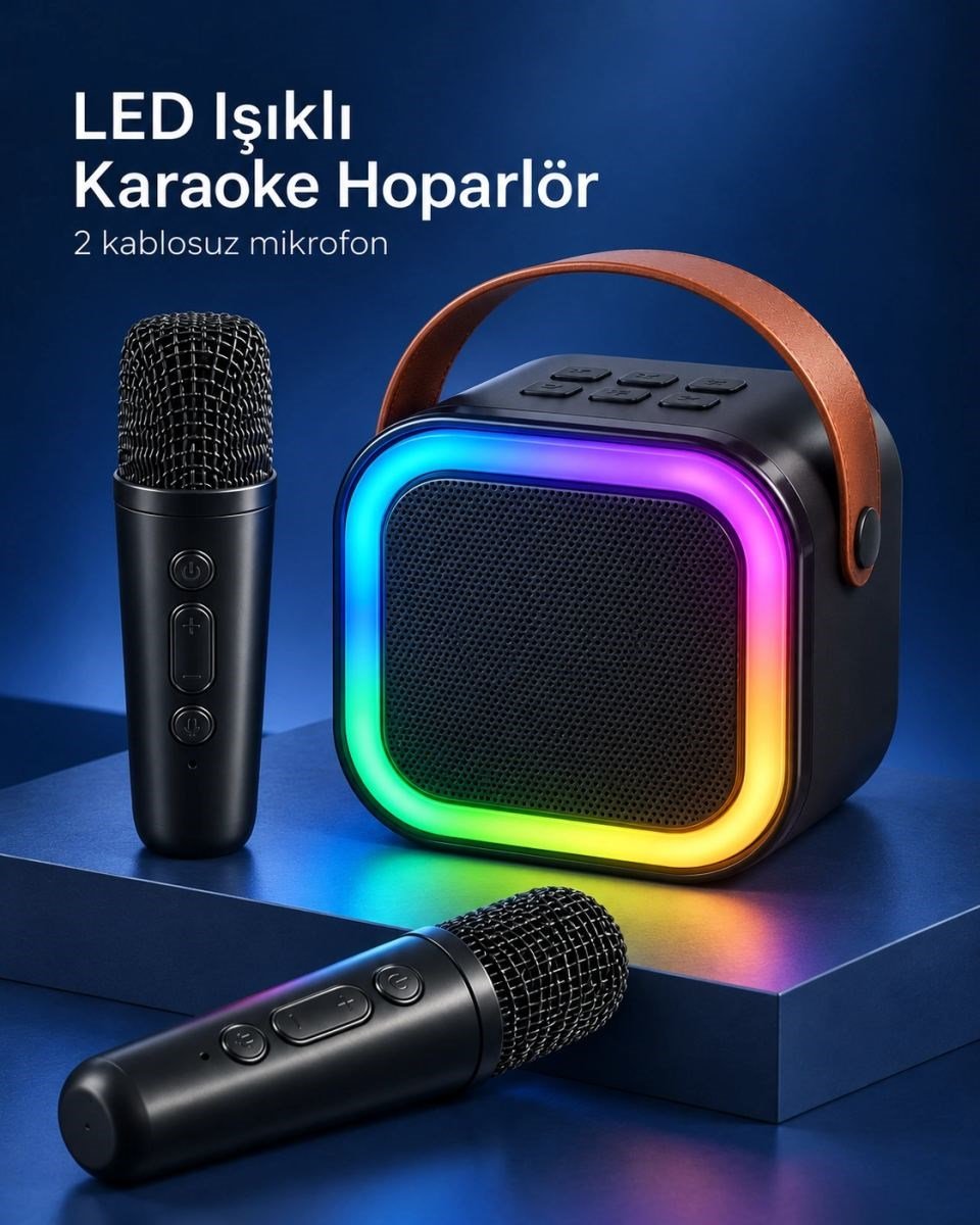 Çift Kablosuz Mikrofonlu Led Işıklı Bluetooth Karaoke Hoparlör Seti