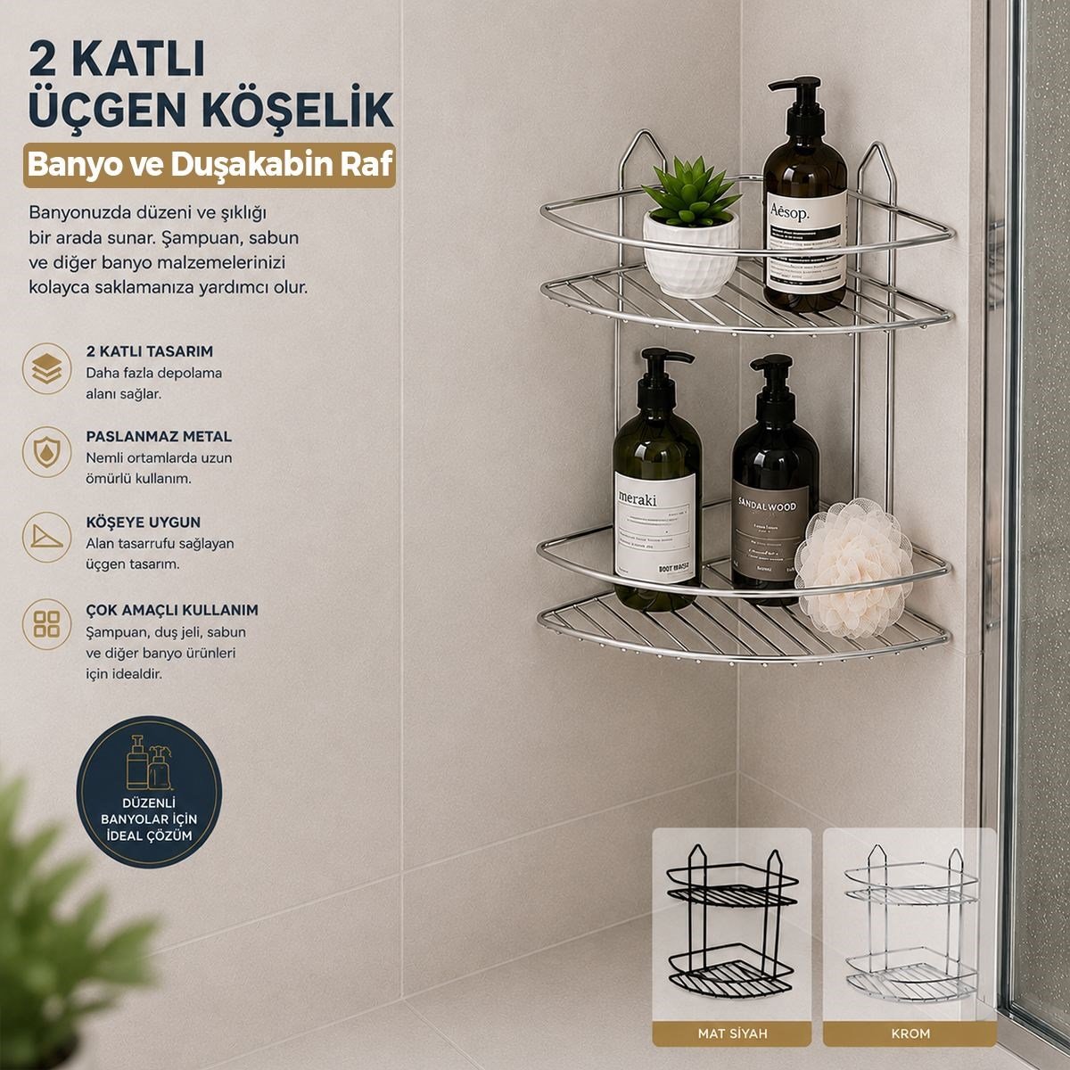 Çift Katlı Krom Metal Banyo Köşeliği - Üçgen Duş Rafı