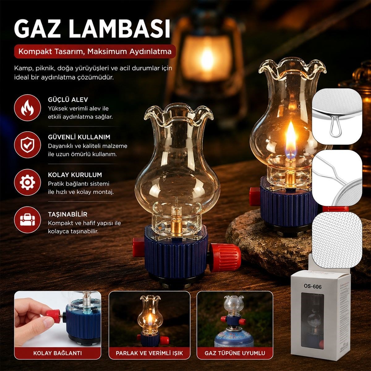 Dekoratif Taşınabilir Gaz Lambası - Cam Hazneli, Gaz Kartuş Uyumlu