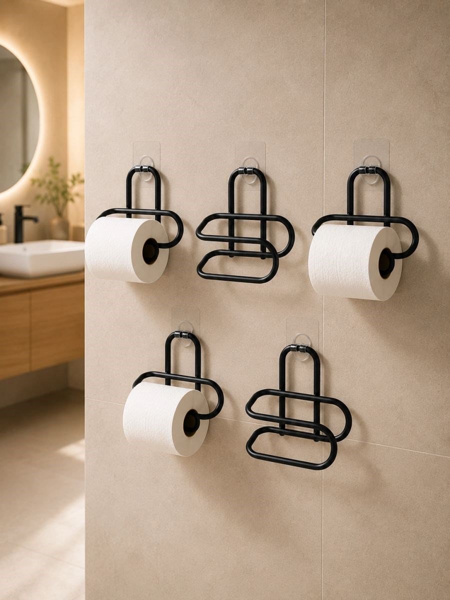 Delmeden Monte Tuvalet Kağıdı Askısı Siyah Metal Yapışkanlı Banyo Kağıtlığı 5’li Set