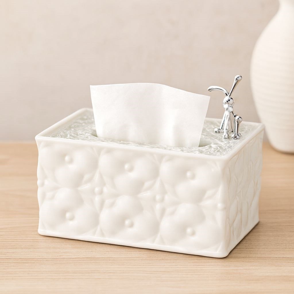 Dikdörtgen Beyaz Yaylı Masaüstü Peçetelik 18.4x12.5x9 cm