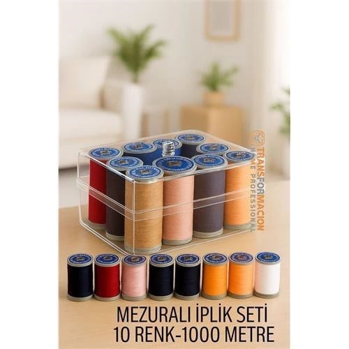 Dikiş İpliği Seti - 10 Renk 1000 Mt Kutulu Mezuralı Dikiş Seti