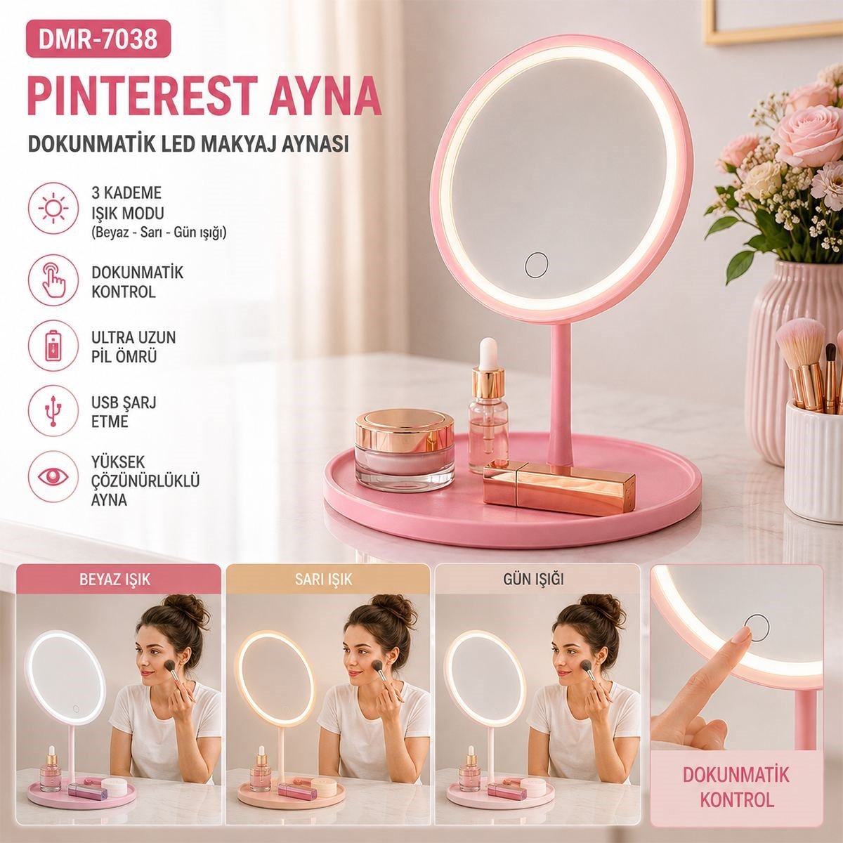 Dokunmatik LED Makyaj Aynası USB Şarjlı 3 Kademe 17.5cm 360°