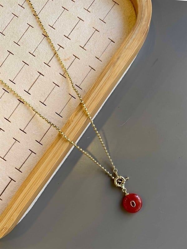 Dorika Zincirli Taşlı Kolye- 60 cm - Kırmızı