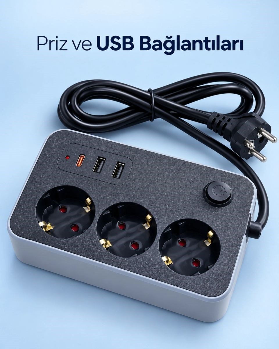 Elektrik Ve Şarj Bağlantılarını Bir Arada Sunan Usb Ve Type C Çıkışlı Akım Korumalı Priz