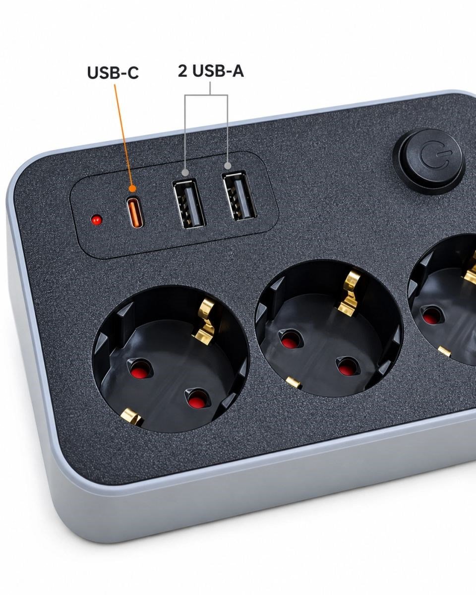Elektrik Ve Şarj Bağlantılarını Bir Arada Sunan Usb Ve Type C Çıkışlı Akım Korumalı Priz