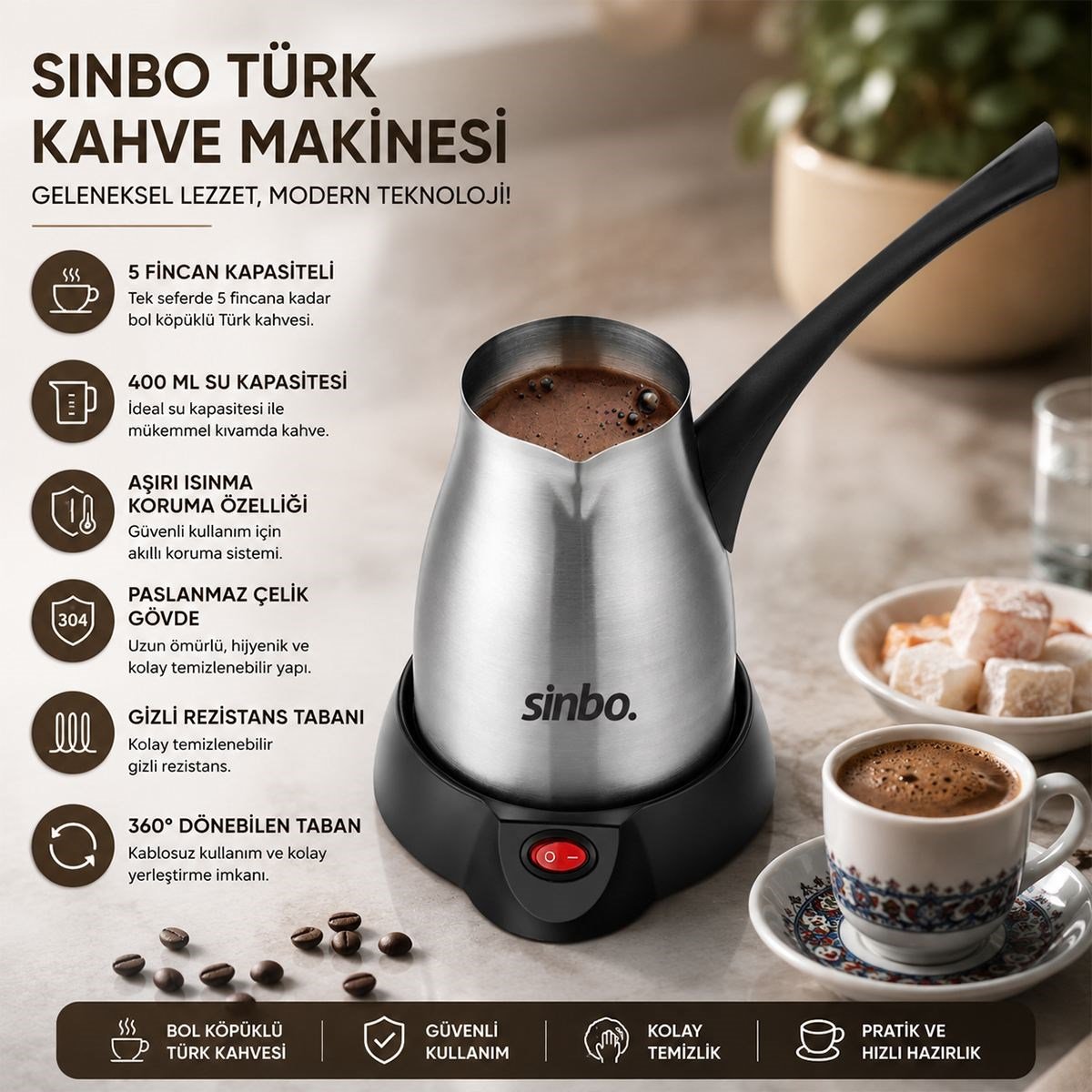 Elektrikli Çelik Cezve 400ml (5 Fincan) 700W 360° Kablosuz