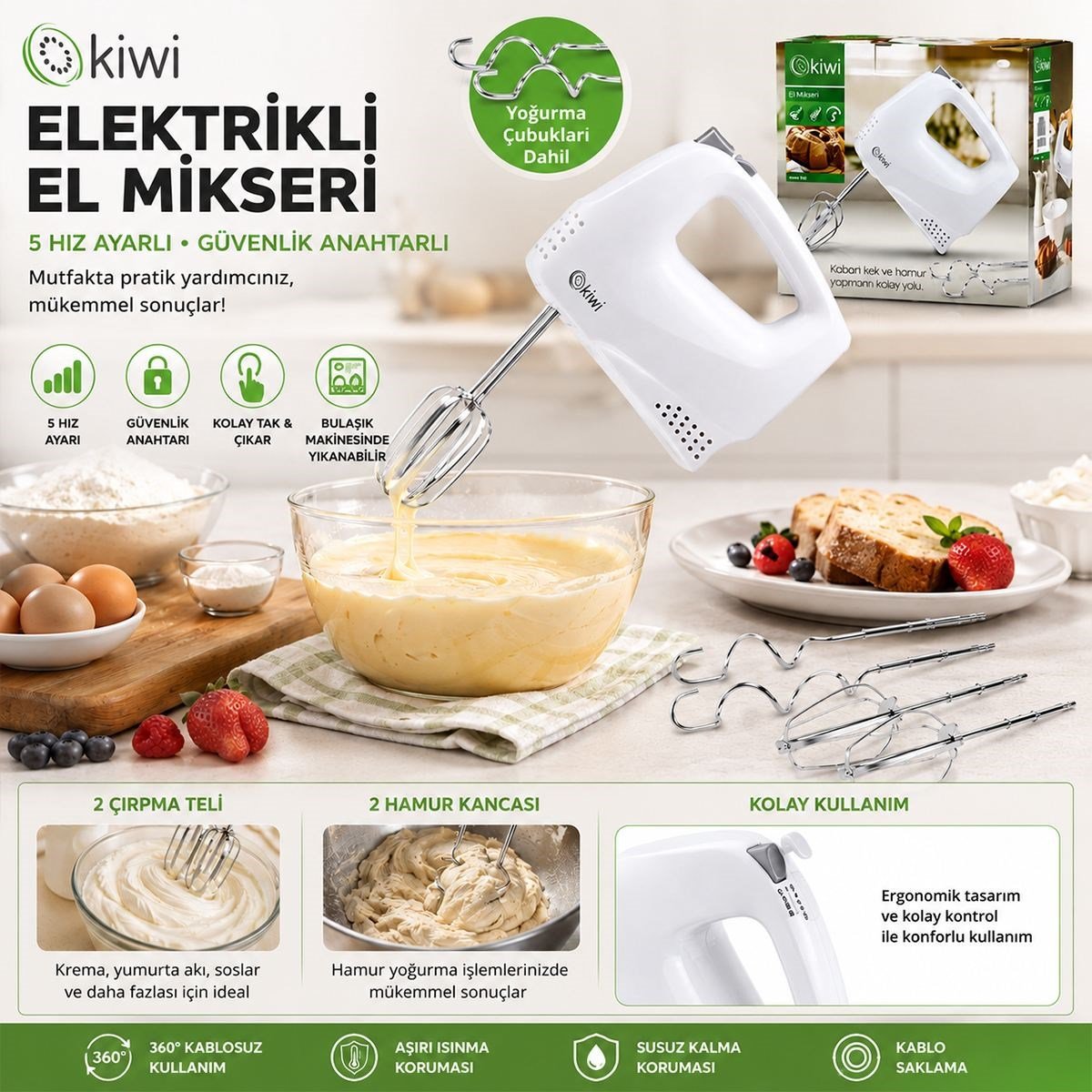 Elektrikli El Mikser 5 Kademe Hız - 2 Metal Çırpıcı & 2 Hamur Kancası