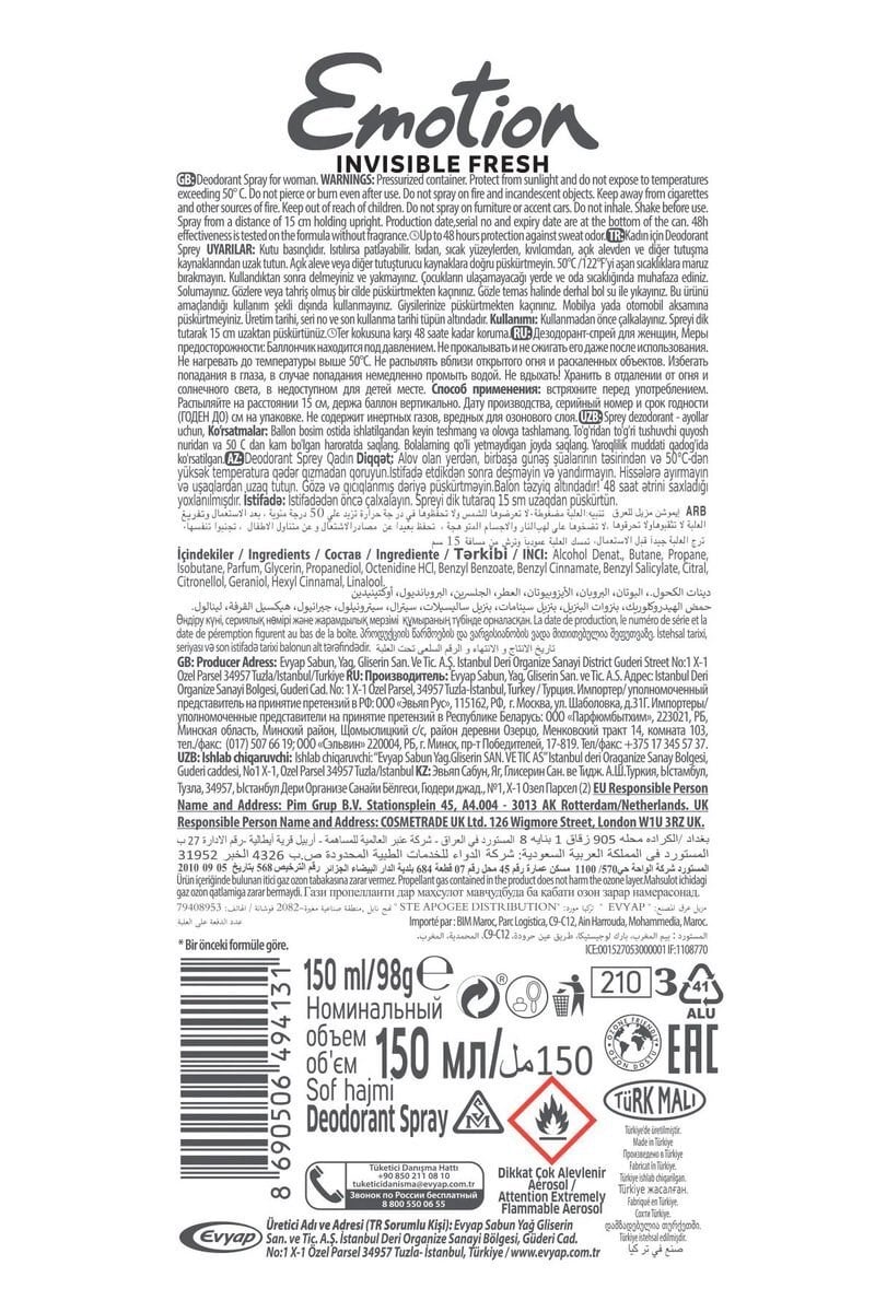 Emotion Invisible Fresh Black & White Kadın Deodorant 150ml Vegan, Leke Bırakmaz