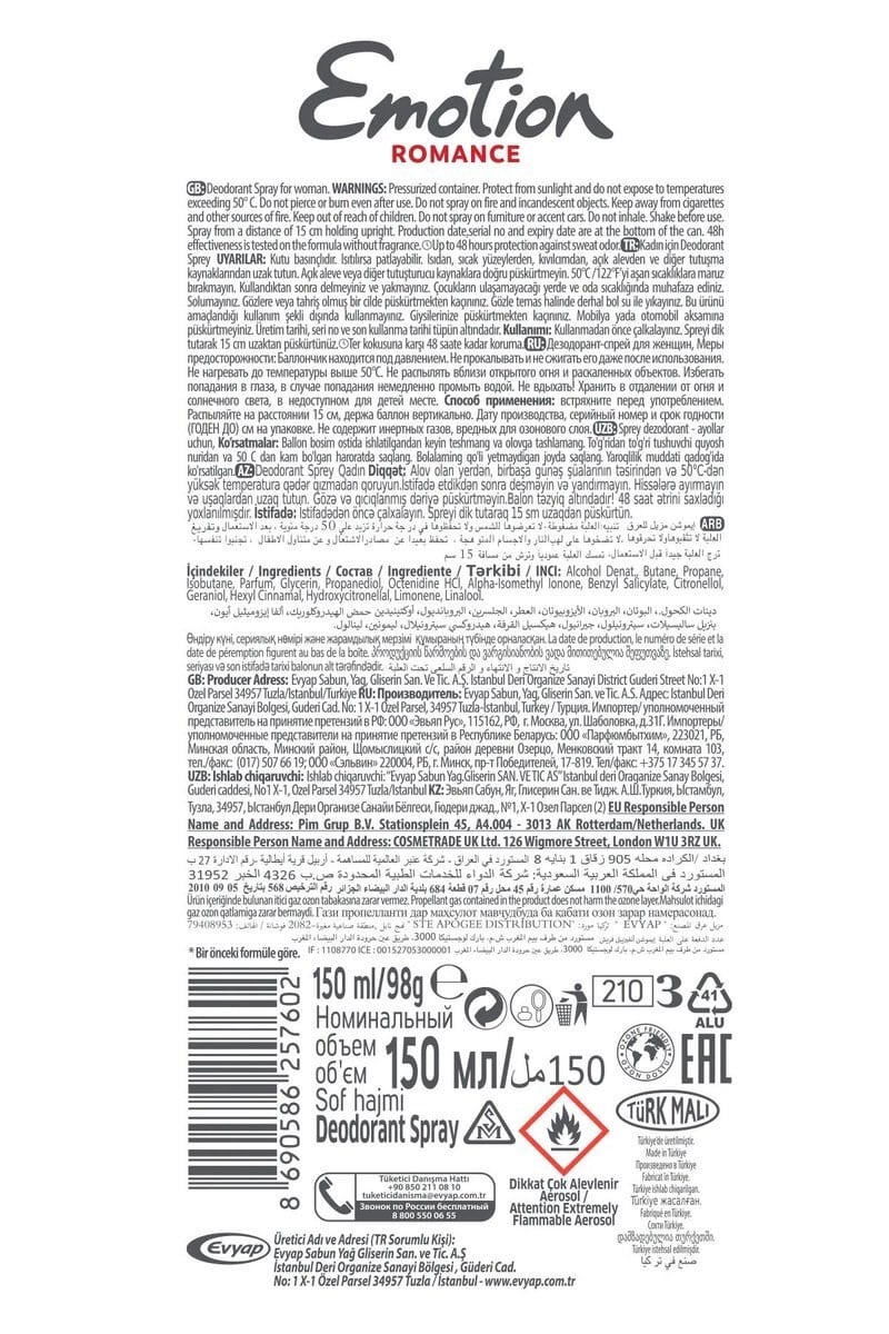 Emotion Romance Kadın Vegan Deodorant 150 Ml Hızlı Kurur, Leke Bırakmaz