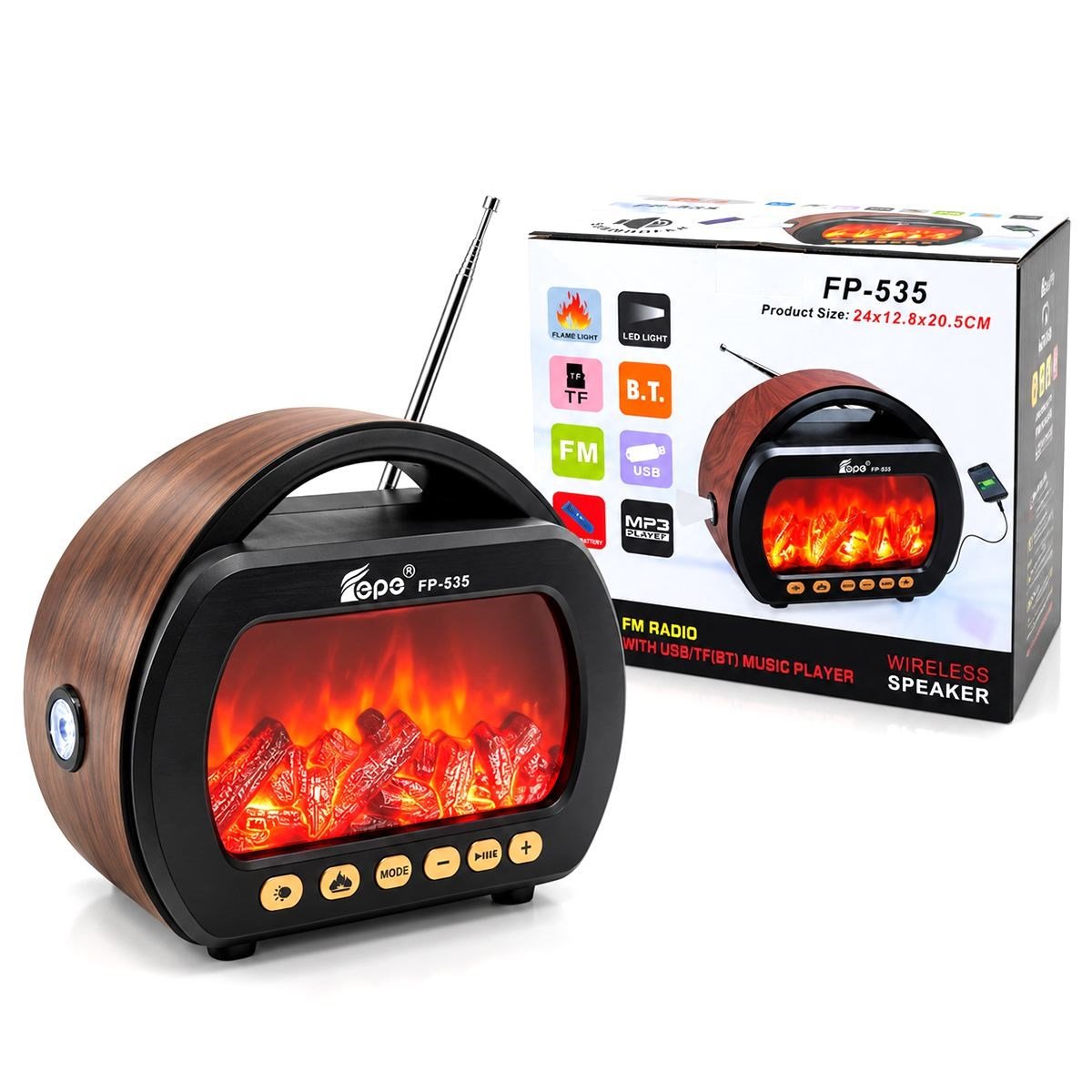 Fenerli Şömineli Bluetooth Radyo Hoparlör (AM/FM/SW, USB/Type-C, TF)