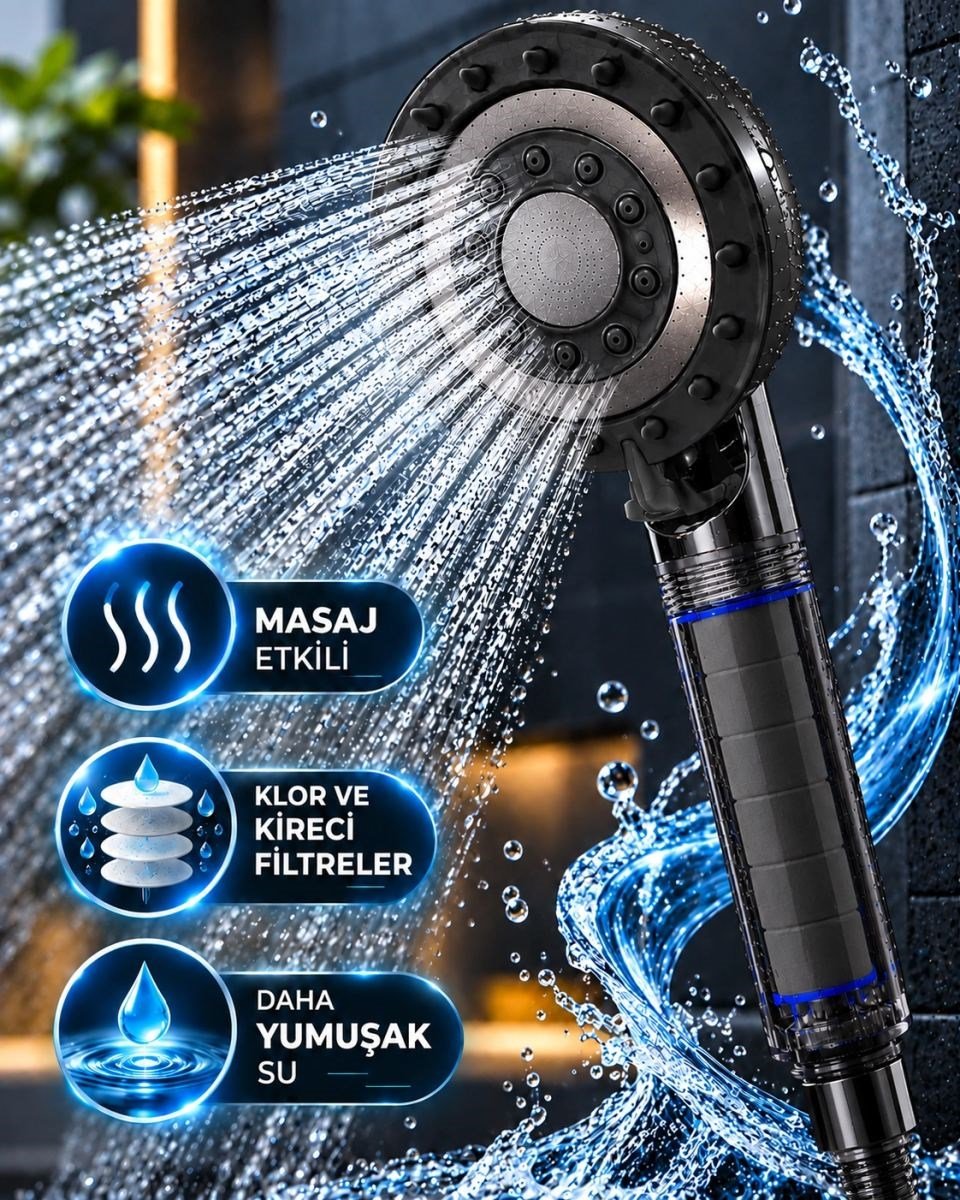 Filtreli Duş Başlığı 5 Fonksiyonlu Masaj Etkili Klor Ve Kireç Filtreli Siyah Duş Başlığı