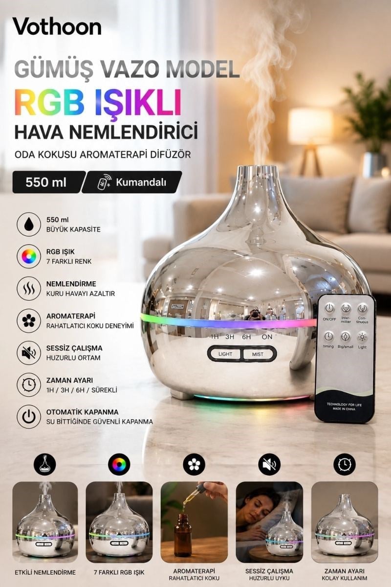Gümüş Vazo Model Rgb Işıklı Hava Nemlendirici & Aromaterapi Difüzör – 550 Ml Kumandalı