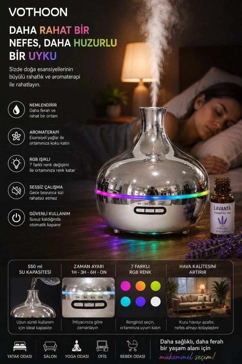 Gümüş Vazo Model Rgb Işıklı Hava Nemlendirici & Aromaterapi Difüzör – 550 Ml Kumandalı