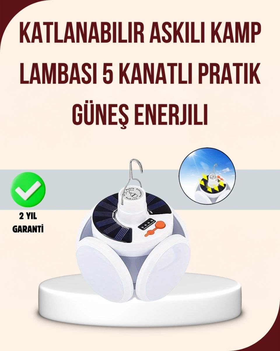 Güneş Enerjili Usb Şarj Edilebilir 5 Modlu Katlanabilir Led Kamp Işığı