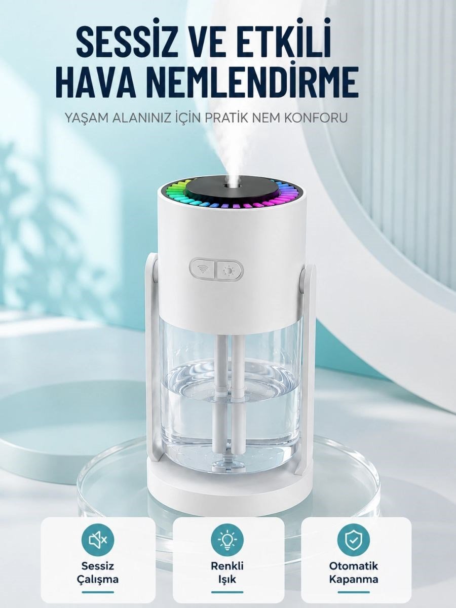 Hava Nemlendirici Led Işıklı Sessiz Çalışan Otomatik Kapanmalı Masaüstü Nemlendirme Cihazı