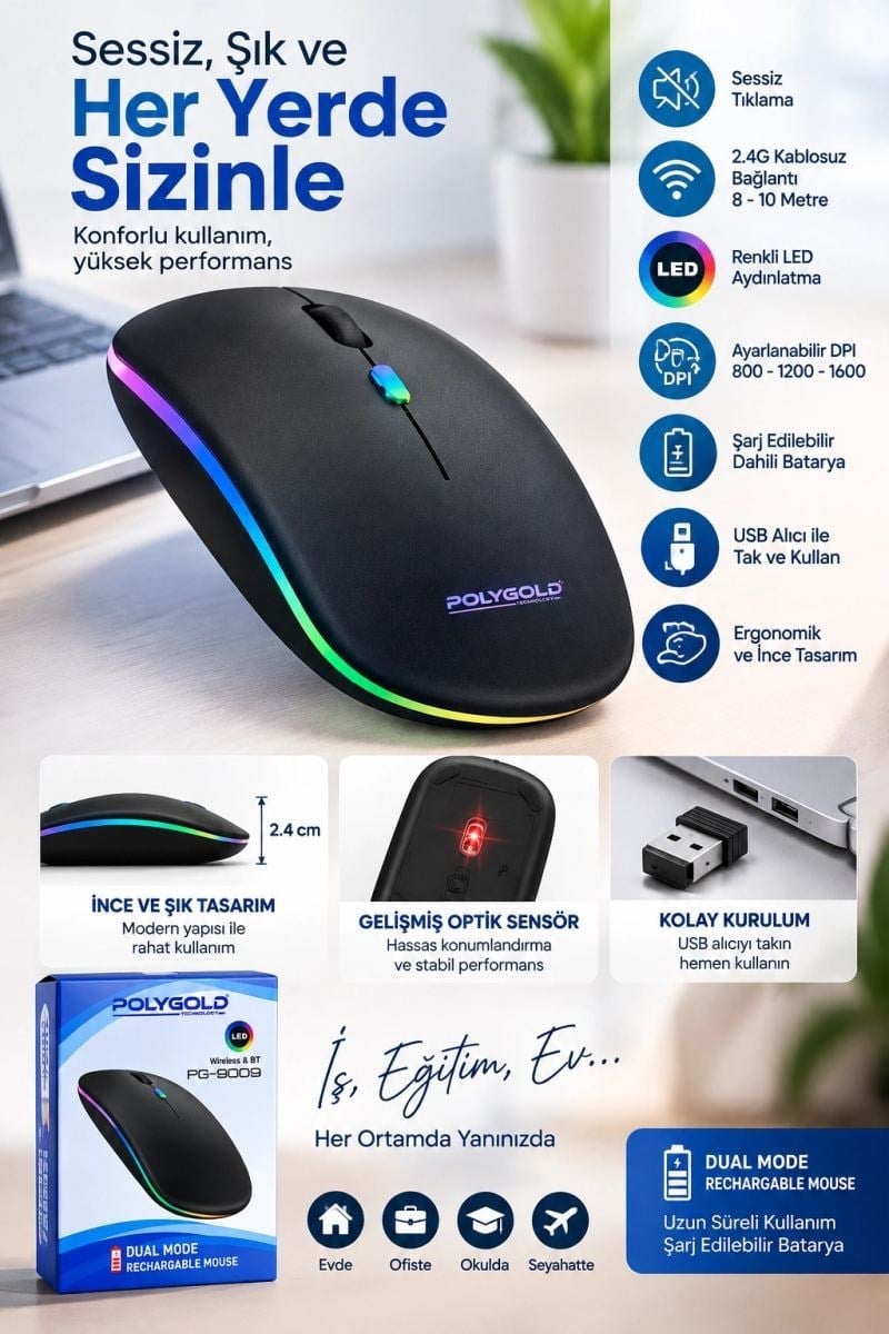 İnce Ergonomik Tasarım 2.4g Kablosuz Led Mouse