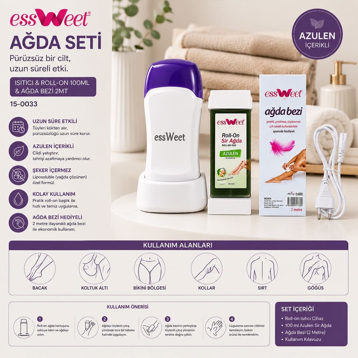 Isıtıcılı Roll-On Ağda Seti 100 ml + 2 m Ağda Bezi