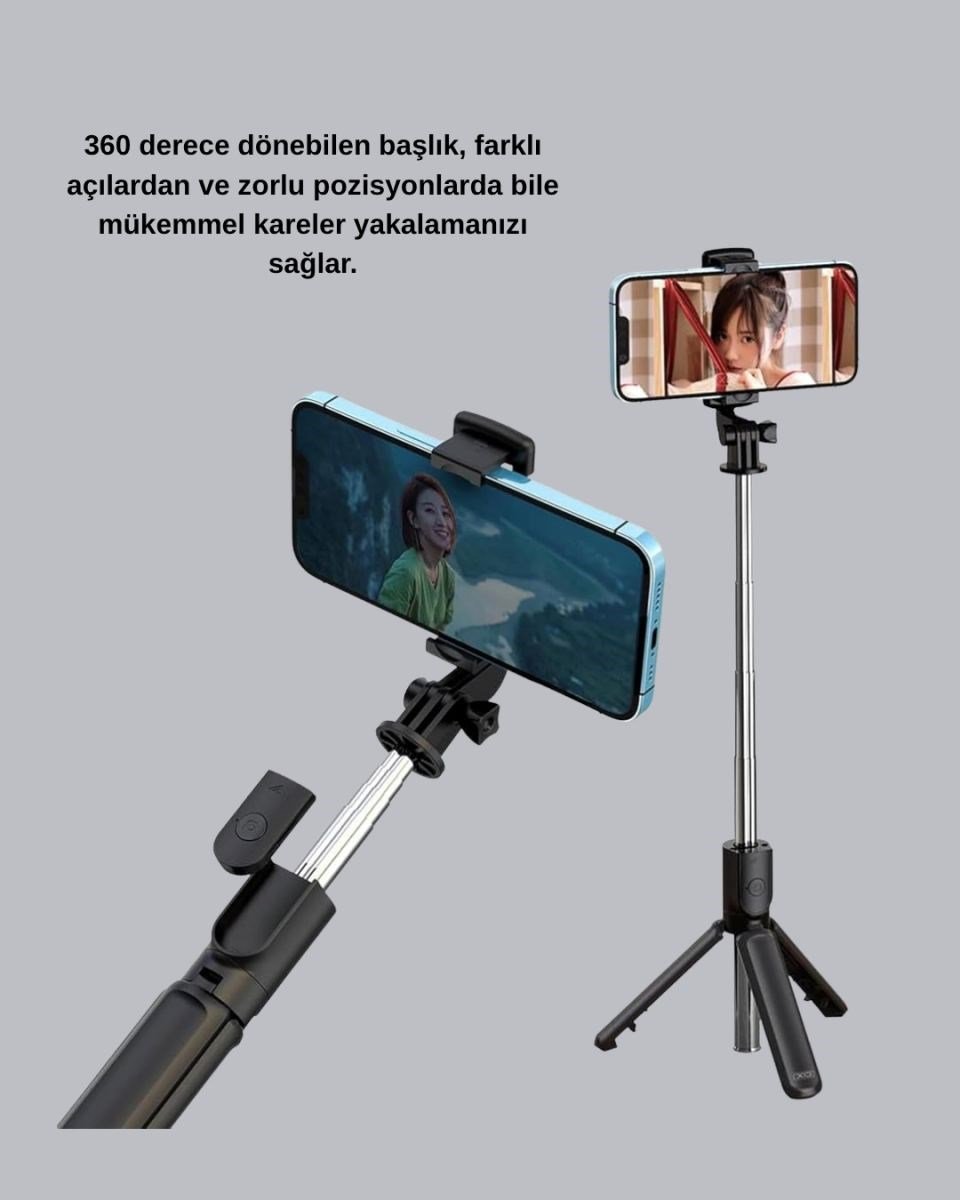 Kablosuz Bluetooth Selfie Çubuğu – 360° Dönebilir Başlık, Taşınabilir Ve Şık Tasarım