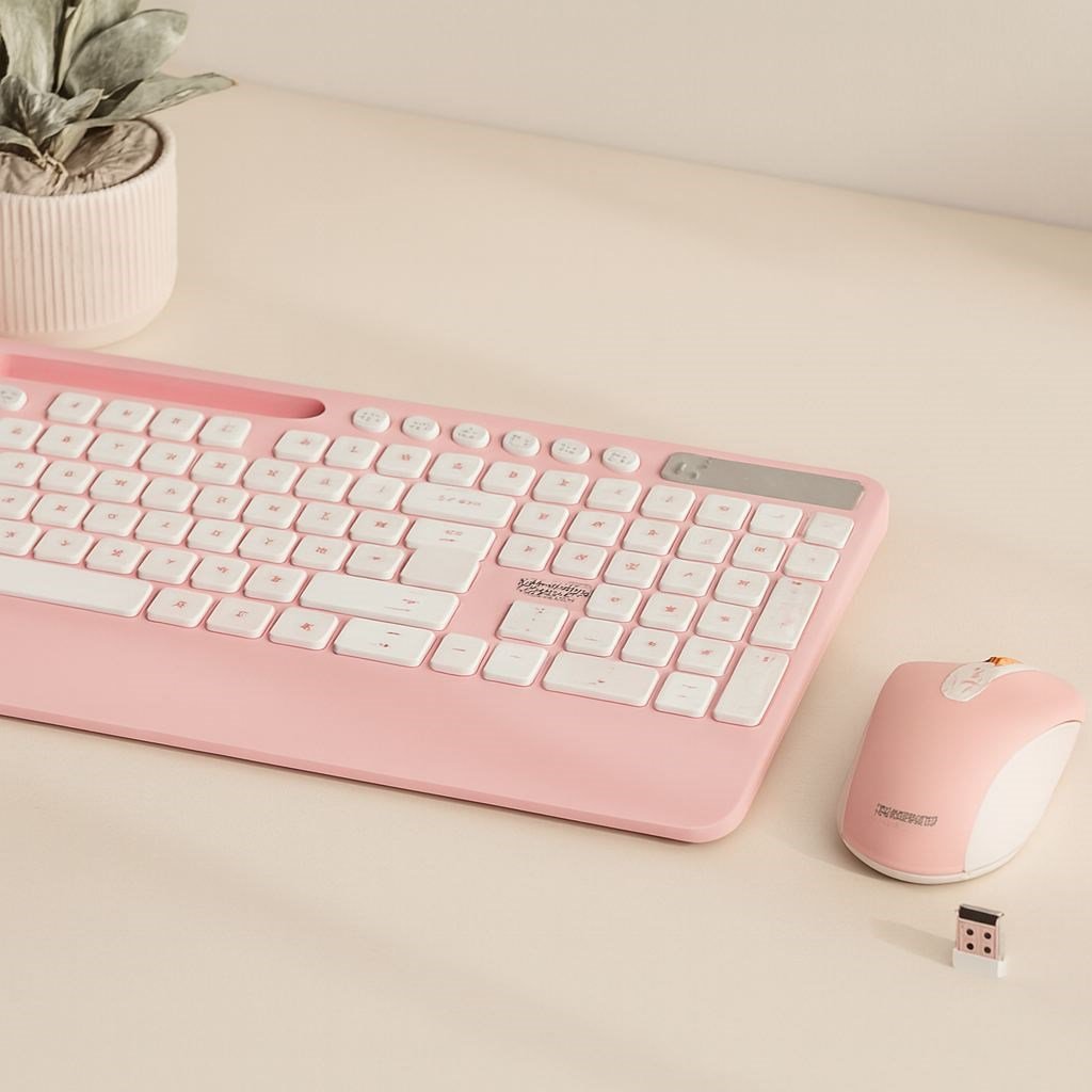 Kablosuz Klavye Mouse Seti - Telefon & Tablet Standlı (Beyaz/Pembe)