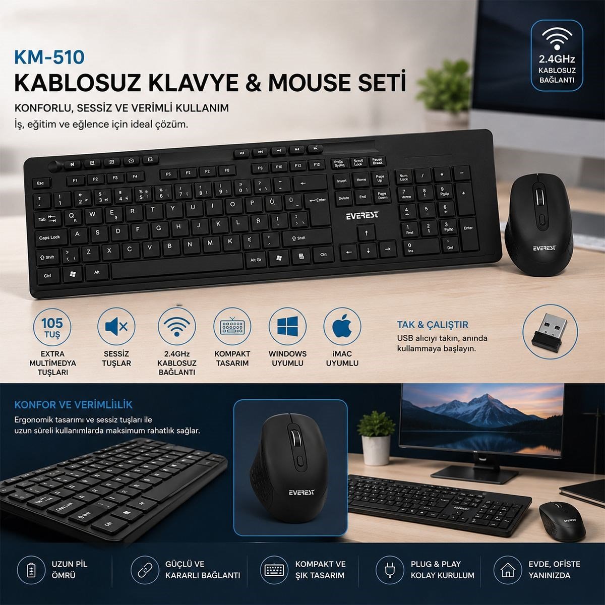 Kablosuz Multimedya Klavye ve Mouse Seti (Q Klavye) - Siyah