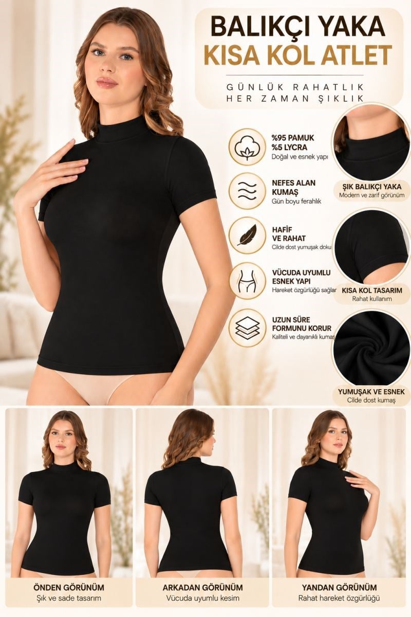 Kadın Balıkçı Yaka Kısa Kol Atlet Siyah, Esnek Kumaş, Vücuda Oturan Basic Body - ryl - 2611