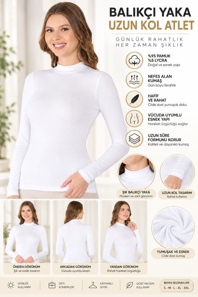 Kadın Balıkçı Yaka Uzun Kol Atlet Beyaz Esnek Kumaş, Vücuda Oturan Basic Body - ryl - 2612