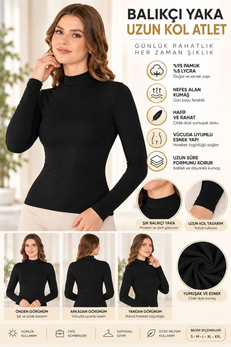Kadın Balıkçı Yaka Uzun Kol Atlet Siyah Esnek Kumaş, Vücuda Oturan Basic Body - ryl - 2612