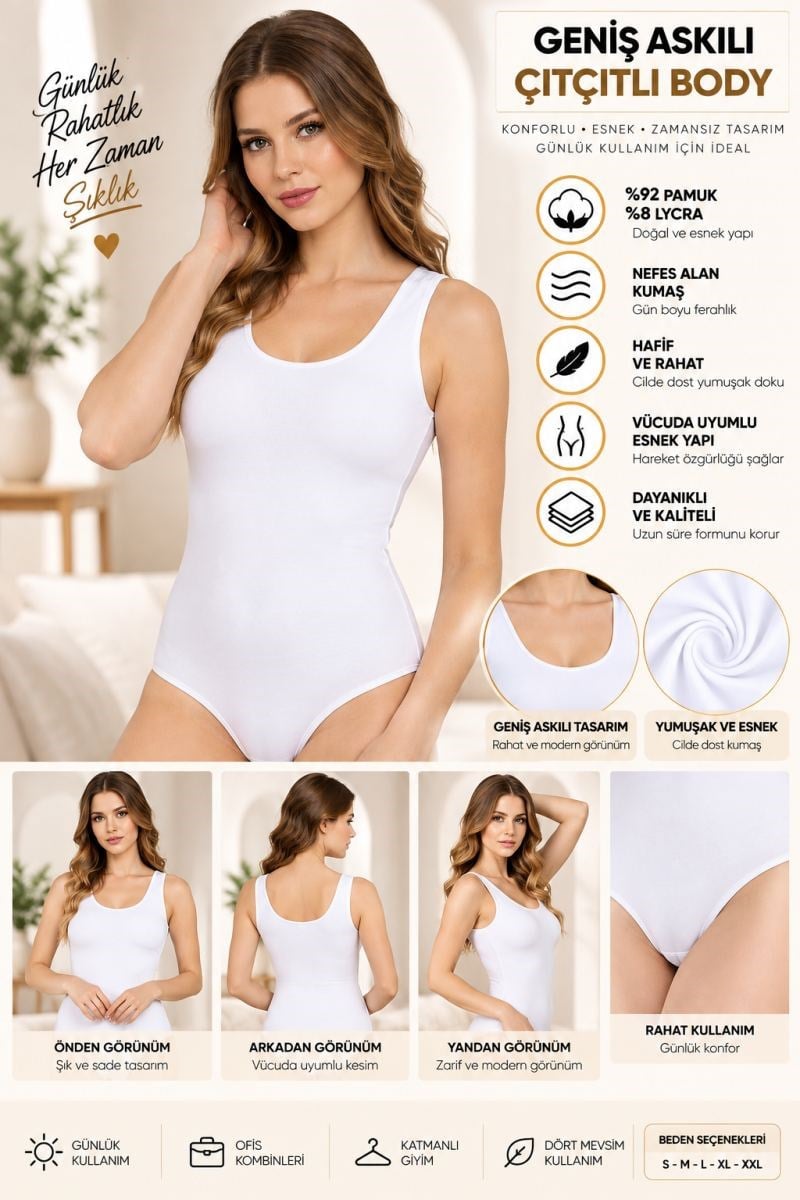 Kadın Geniş Askılı Çıtçıtlı Body Beyaz, Esnek Kumaş, Vücuda Oturan Basic Kadın Body - ryl - 2700