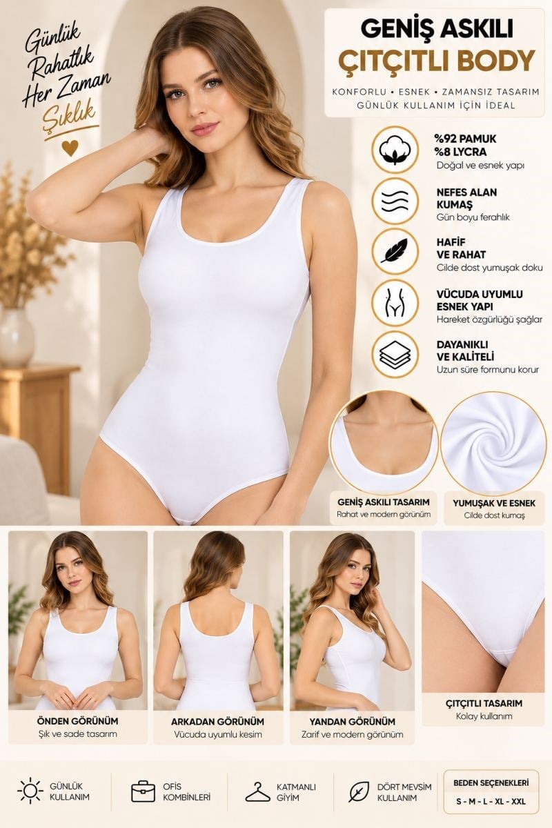 Kadın Geniş Askılı Çıtçıtlı Body Beyaz, Esnek Kumaş, Vücuda Oturan Basic Kadın Body - ryl - 2700