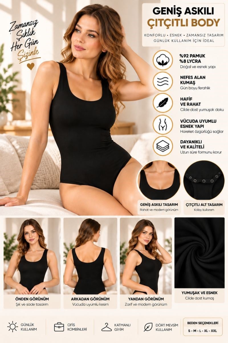 Kadın Geniş Askılı Çıtçıtlı Body Siyah, Esnek Kumaş, Vücuda Oturan Basic Kadın Body - ryl - 2701